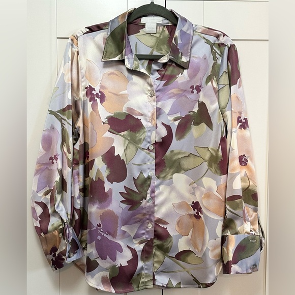 Women’s Floral Print Satin Button Front Top W/Abalone Shell Buttons Sz Lg Nwot